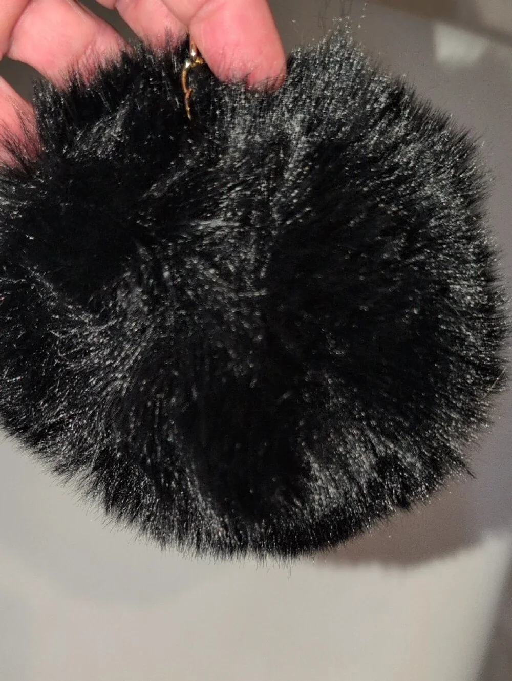Plush Pom Pom Keychain - Black Faux Fur With Gold Toned Hardware